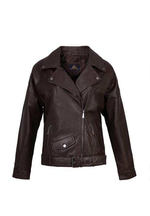 Women's oversize leather biker jacket, dark brown, 97-09-201-3-L, Photo 30