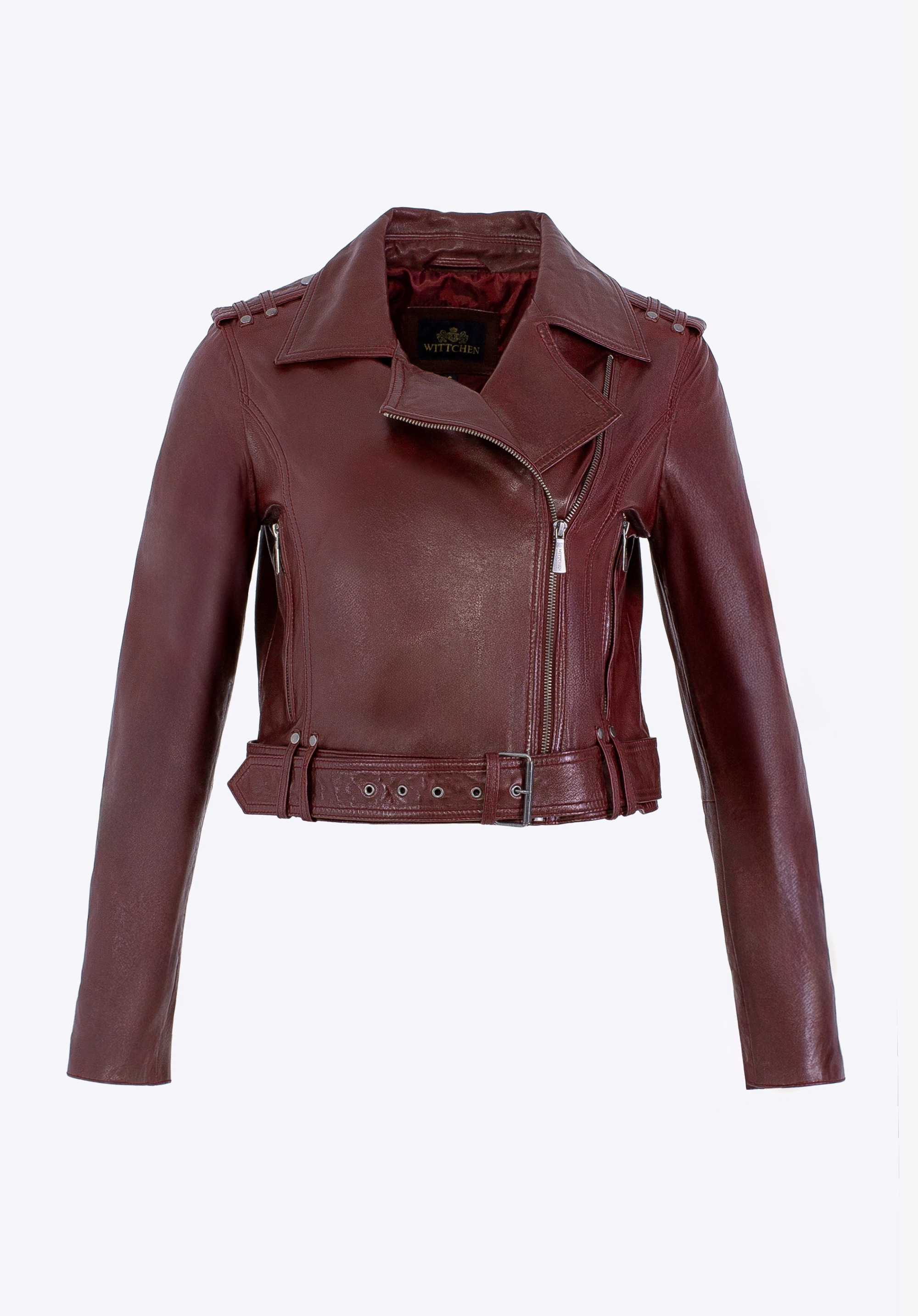 Damska kurtka biker ze skóry, bordowy, 100-09-806-3-M, Zdjęcie 1