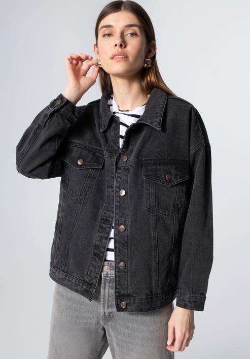 Women's oversize denim jacket, black, 98-9X-900-1-S/M, Photo 2