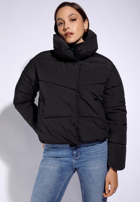 Oversize quilted cropped jacket, black, 95-9D-105-N-XS, Photo 1