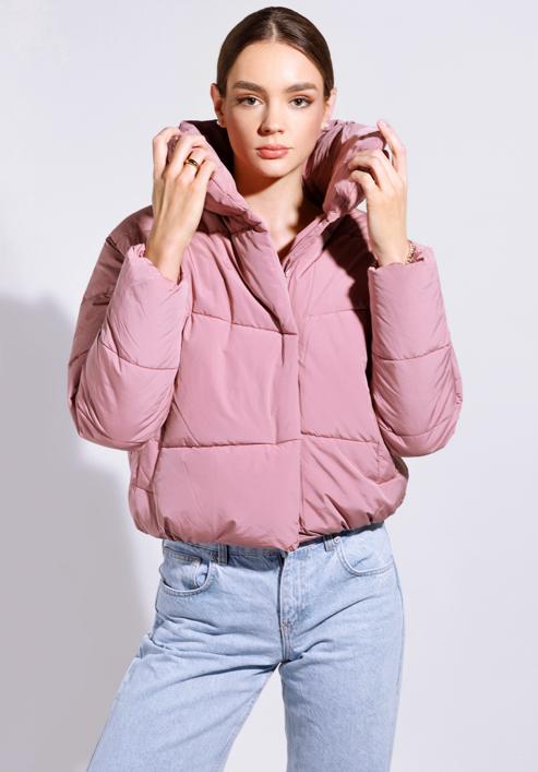 Oversize quilted cropped jacket, muted pink, 95-9D-105-P-L, Photo 1