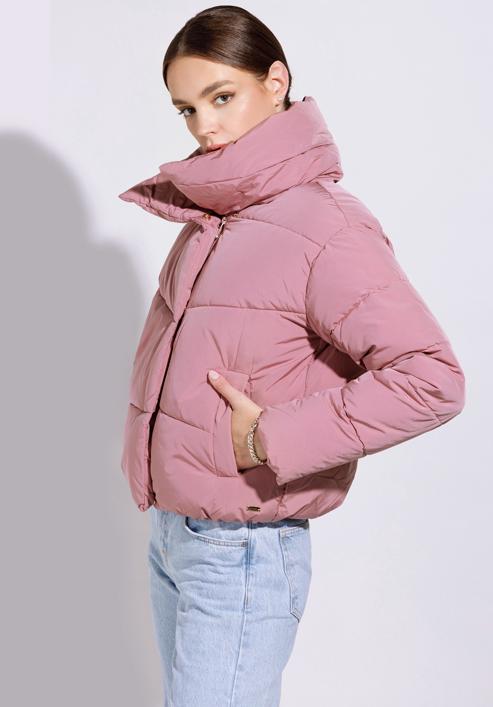 Oversize quilted cropped jacket, muted pink, 95-9D-105-P-L, Photo 2