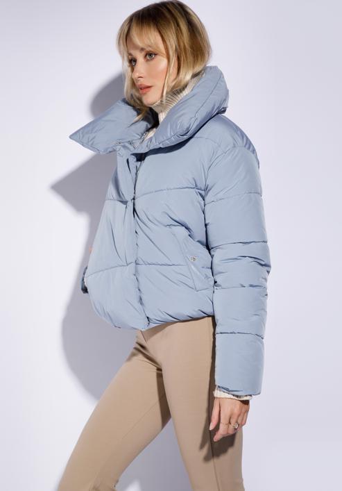 Oversize quilted cropped jacket, blue, 95-9D-105-1-S, Photo 3