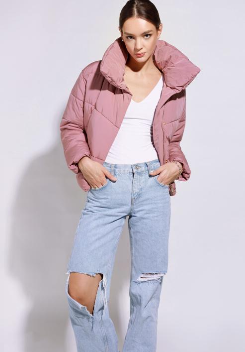 Oversize quilted cropped jacket, muted pink, 95-9D-105-N-XL, Photo 4