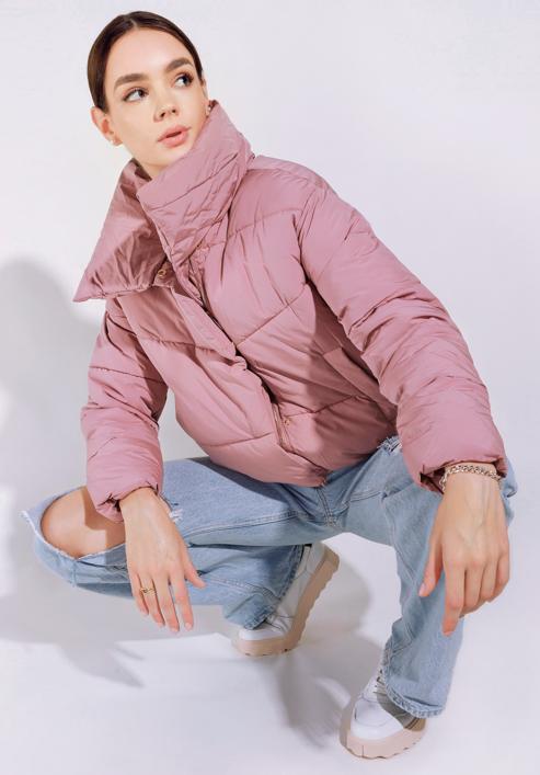 Oversize quilted cropped jacket, muted pink, 95-9D-105-P-L, Photo 5