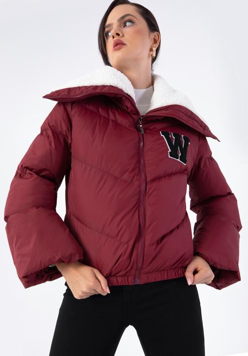 Teddy faux fur collar puffer jacket, dar red, 97-9D-901-1-M, Photo 1