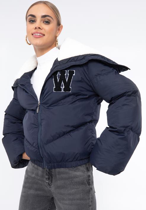 Teddy faux fur collar puffer jacket, navy blue, 97-9D-901-1-XL, Photo 3