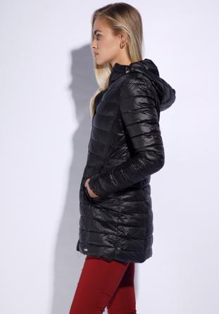 Damska kurtka pikowana z kapturem długa, czarny, 95-9N-100-1-L, Zdjęcie 1