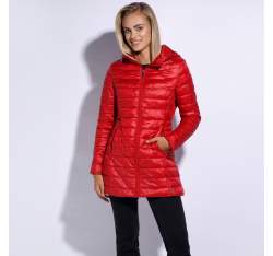 Damska kurtka pikowana z kapturem długa, czerwony, 95-9N-100-3-2XL, Zdjęcie 1
