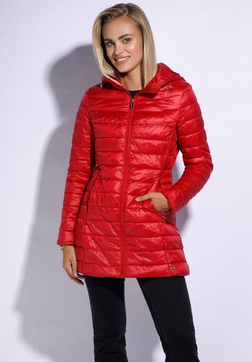 Damska kurtka pikowana z kapturem długa, czerwony, 95-9N-100-N-XL, Zdjęcie 2
