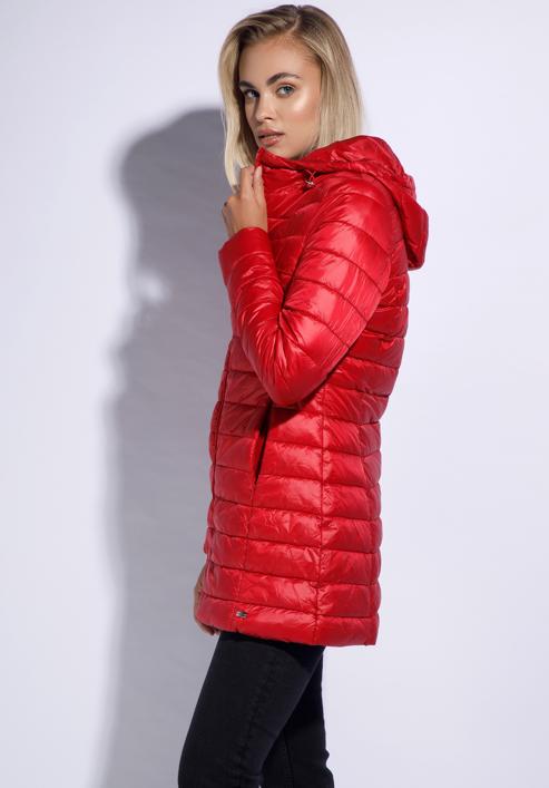 Damska kurtka pikowana z kapturem długa, czerwony, 95-9N-100-N-XL, Zdjęcie 3