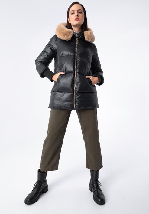 Damska kurtka pikowana z nylonu z kapturem, czarny, 97-9D-404-1-M, Zdjęcie 7