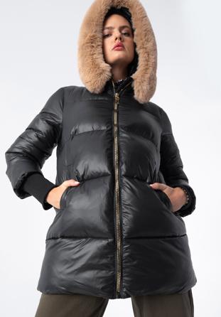 Damska kurtka pikowana z nylonu z kapturem, czarny, 97-9D-404-1-L, Zdjęcie 1