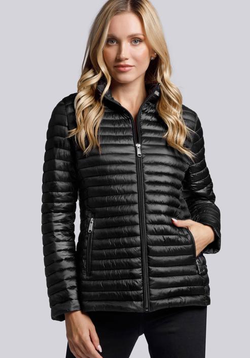 Quilted jacket with decorative stand up collar, black, 93-9N-100-G-XS, Photo 1