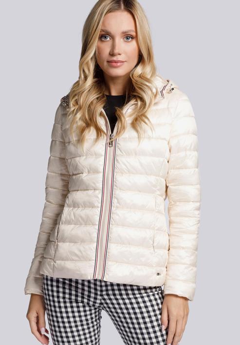 Quilted jacket with decorative jacquard stripe, off white, 93-9N-101-3-S, Photo 1