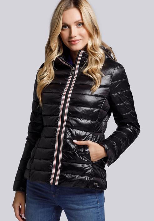 Quilted jacket with decorative jacquard stripe, black, 93-9N-101-0-S, Photo 1