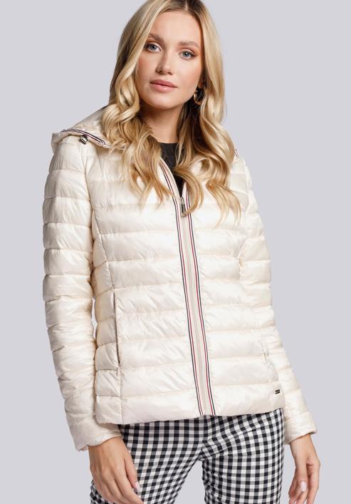 Quilted jacket with decorative jacquard stripe, off white, 93-9N-101-3-S, Photo 2