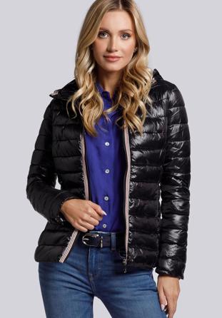 Quilted jacket with decorative jacquard stripe, black, 93-9N-101-1-XS, Photo 1