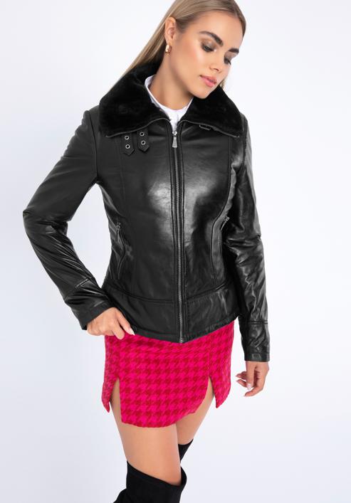 Women's leather aviator jacket with contrast borg, black, 97-09-801-4-L, Photo 1