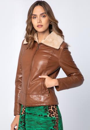 Women's leather aviator jacket with contrast borg, brown, 97-09-801-5-M, Photo 1