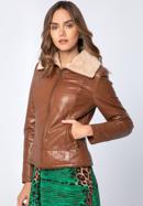 Women's leather aviator jacket with contrast borg, brown, 97-09-801-4-2XL, Photo 1