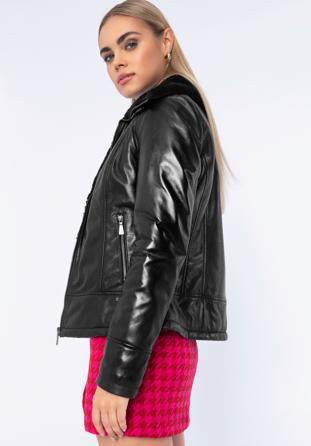 Women's leather aviator jacket with contrast borg