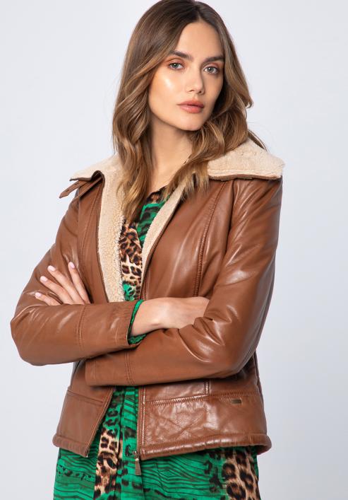 Women's leather aviator jacket with contrast borg, brown, 97-09-801-5-M, Photo 2