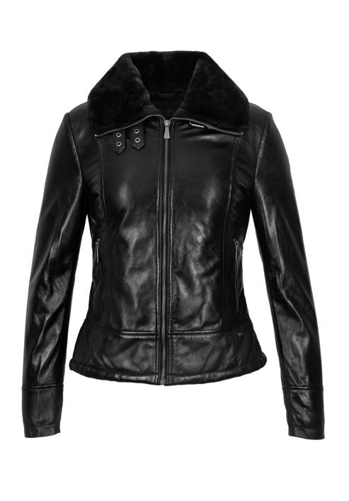 Women's leather aviator jacket with contrast borg, black, 97-09-801-5-M, Photo 20