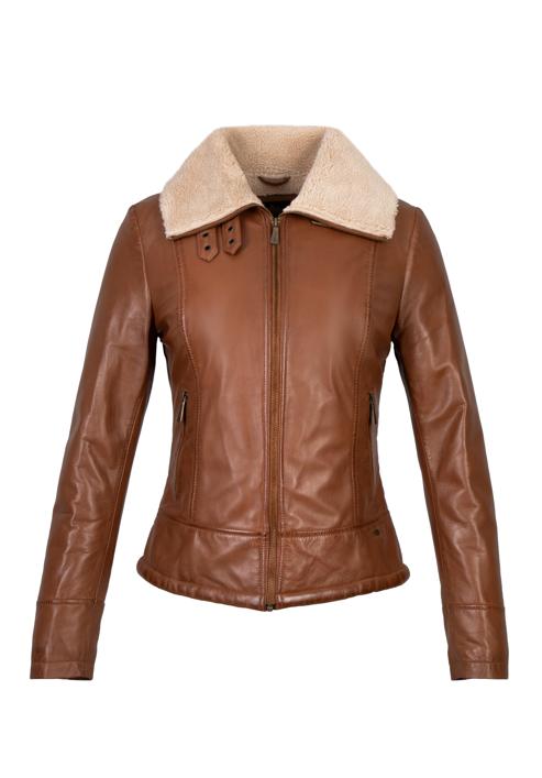 Women's leather aviator jacket with contrast borg, brown, 97-09-801-4-2XL, Photo 20