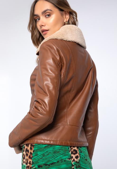 Women's leather aviator jacket with contrast borg, brown, 97-09-801-4-2XL, Photo 3