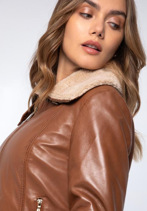 Women's leather aviator jacket with contrast borg, brown, 97-09-801-1-M, Photo 4