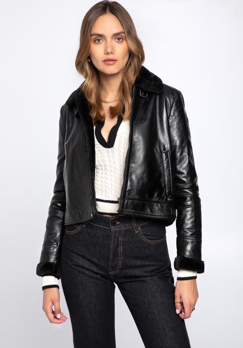Women's cropped jacket with contrast borg, black, 97-09-802-5-XL, Photo 1