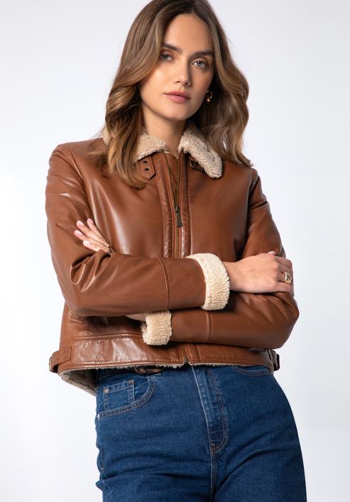 Women's cropped jacket with contrast borg, brown, 97-09-802-1-L, Photo 1