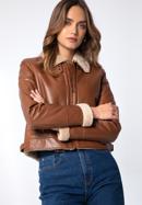 Women's cropped jacket with contrast borg, brown, 97-09-802-1-XL, Photo 1