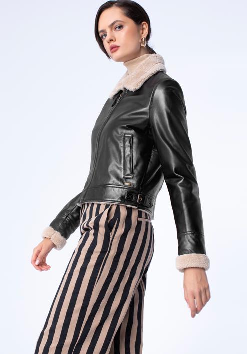 Women's cropped jacket with contrast borg, dark brown, 97-09-802-1-2XL, Photo 5