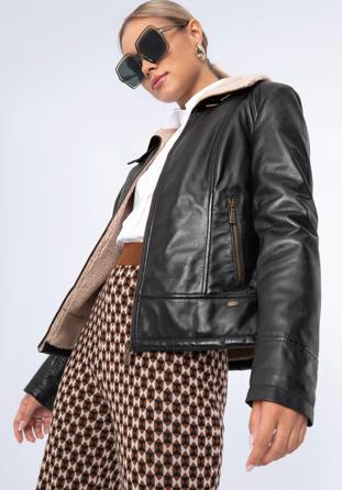 Women's leather aviator jacket with contrast borg, dark brown, 97-09-801-4-L, Photo 1