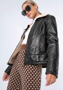 Women's leather aviator jacket with contrast borg, dark brown, 97-09-801-1-M, Photo 1