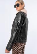 Women's leather aviator jacket with contrast borg, dark brown, 97-09-801-4-S, Photo 2