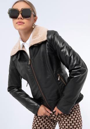 Women's leather aviator jacket with contrast borg, dark brown, 97-09-801-4-M, Photo 1