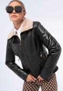Women's leather aviator jacket with contrast borg, dark brown, 97-09-801-1-M, Photo 3