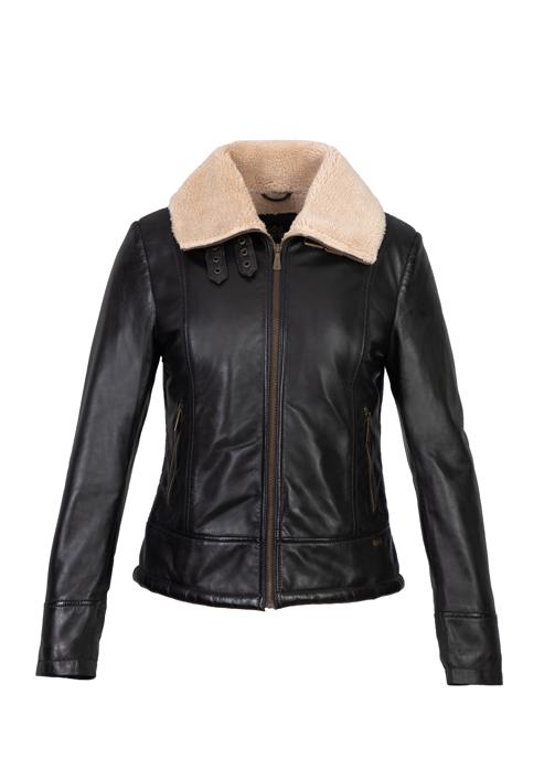 Women's leather aviator jacket with contrast borg, dark brown, 97-09-801-1-2XL, Photo 30