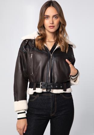 Women's cropped jacket with faux fur, dark brown, 97-9P-106-4-S, Photo 1