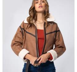 Жіноча куртка oversize на підкладці зі штучного хутра з поясом 97-9P-106-5