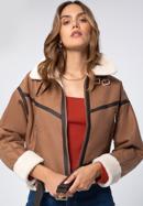 Damska kurtka podszyta sztucznym futerkiem oversize z paskiem, brązowy, 97-9P-106-4-XL, Zdjęcie 1