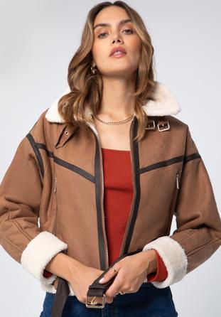 Women's cropped jacket with faux fur, brown, 97-9P-106-5-XL, Photo 1