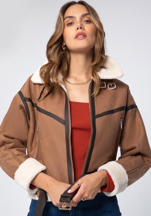Women's cropped jacket with faux fur, brown, 97-9P-106-4-L, Photo 1
