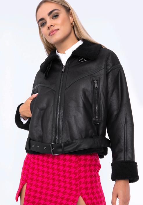 Women's cropped jacket with faux fur, black, 97-9P-106-5-2XL, Photo 16