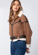 Damska kurtka podszyta sztucznym futerkiem oversize z paskiem, brązowy, 97-9P-106-5-XL, Zdjęcie 3