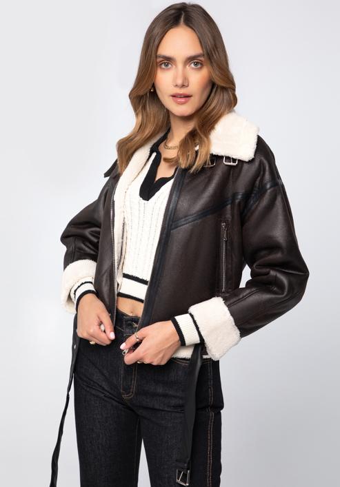 Women's cropped jacket with faux fur, dark brown, 97-9P-106-4-XL, Photo 4