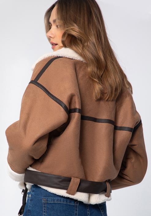 Women's cropped jacket with faux fur, brown, 97-9P-106-4-XL, Photo 4